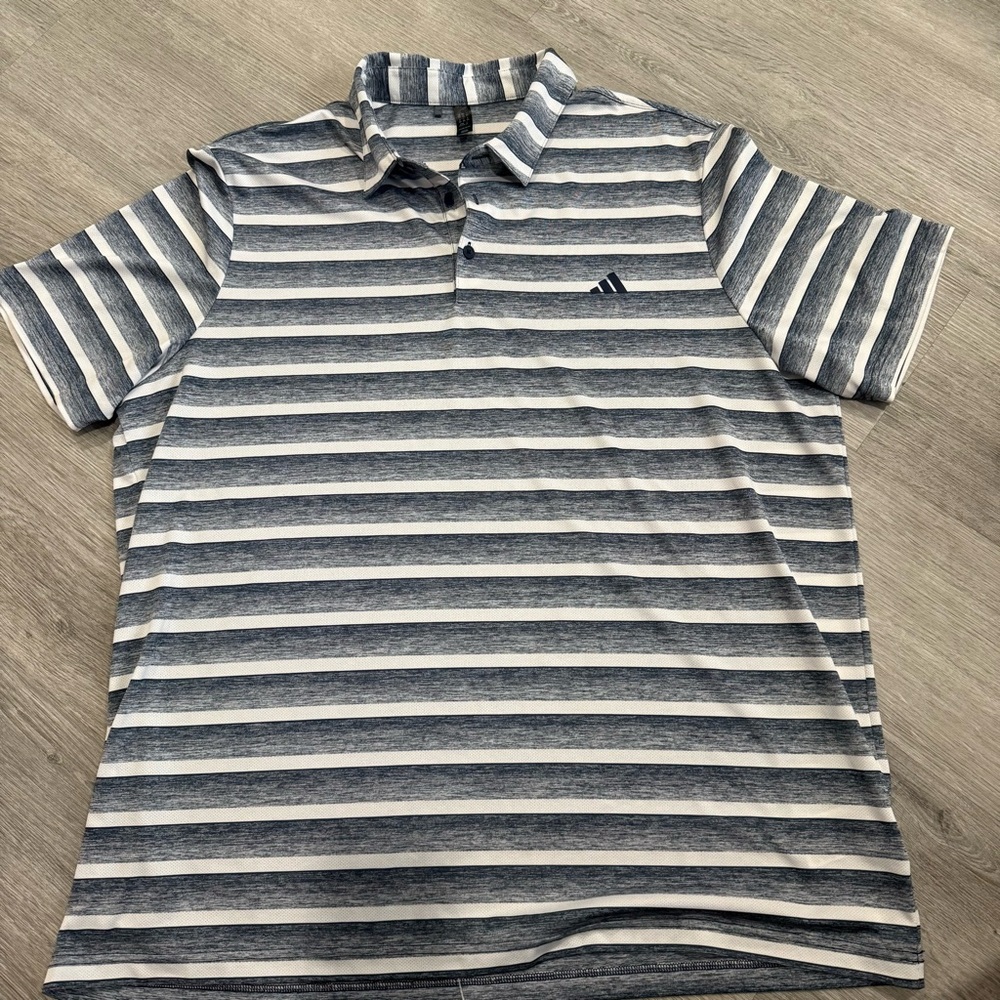 Adidas Men's Navy and White Striped Polo Shirt